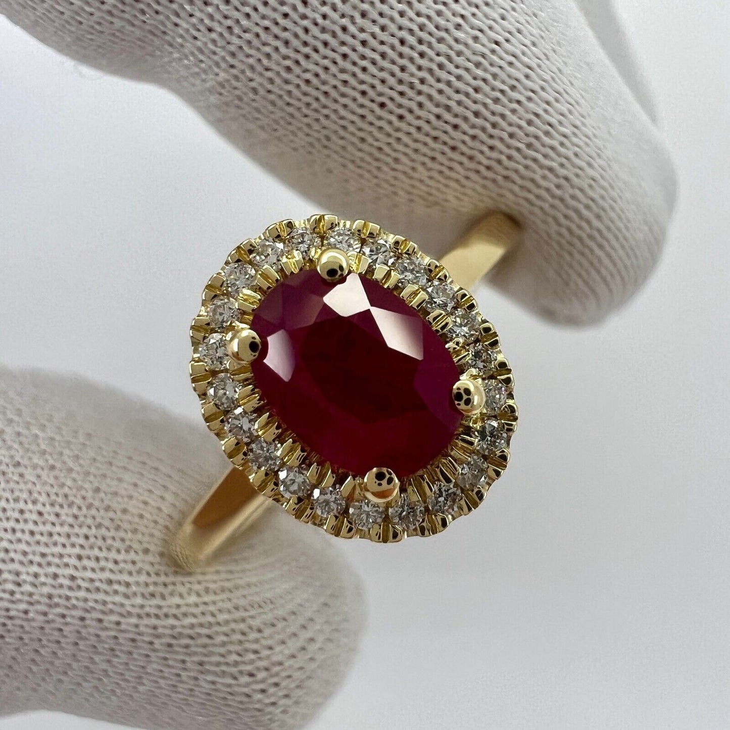 1.06 Carat Deep Red Ruby And Diamond Oval Cut 18k Yellow Gold Halo Cluster Ring