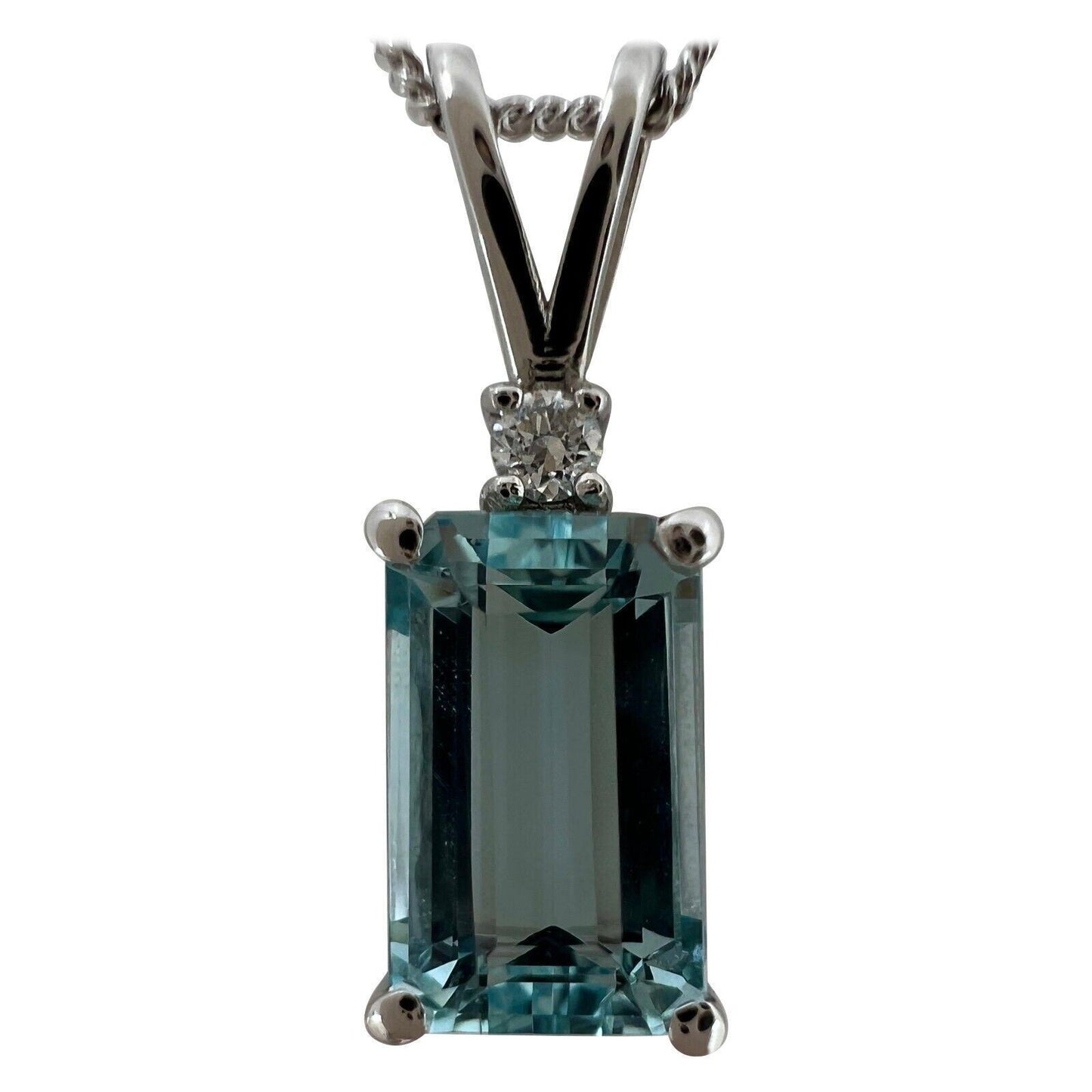 1.60ct Fine Blue Emerald Cut Aquamarine & Diamond 950 Platinum Pendant Necklace