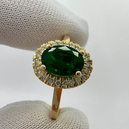 GIA Certified Deep Green Emerald And Diamond 18k Yellow Gold Cluster Halo Ring