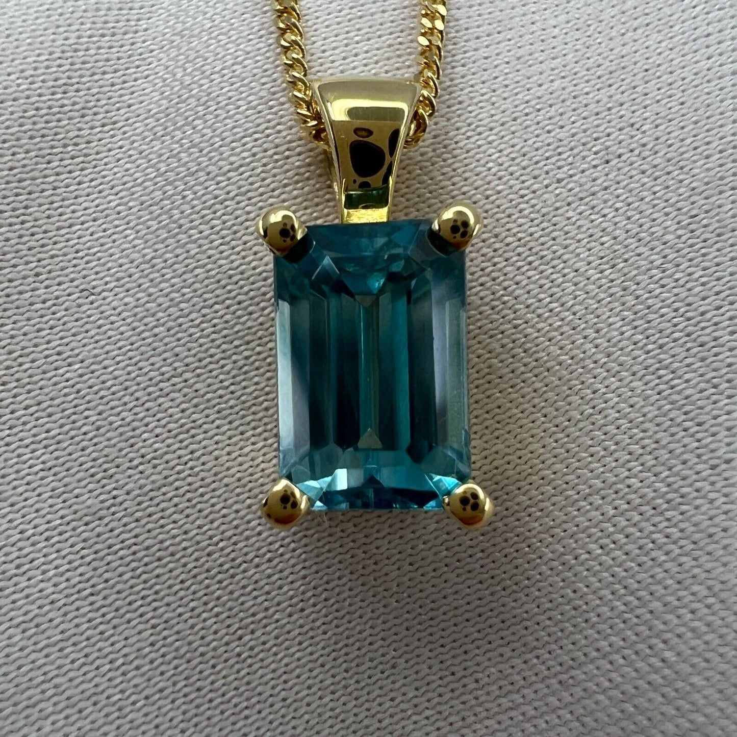 2.45 Carat Vivid Neon Blue Zircon Emerald Cut 18k Yellow Gold Pendant Necklace