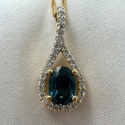 NATURAL 1.23ct Blue Sapphire & Diamond Crossover 18k Gold Oval Pendant Necklace