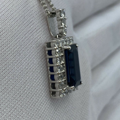 FINE 4.65ct Royal Blue Emerald Cut Sapphire & Diamond Rectangle Platinum Pendant