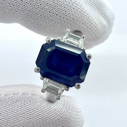 4 Carat Emerald Cut Ceylon Blue Sapphire & Diamond Platinum Three Stone Ring