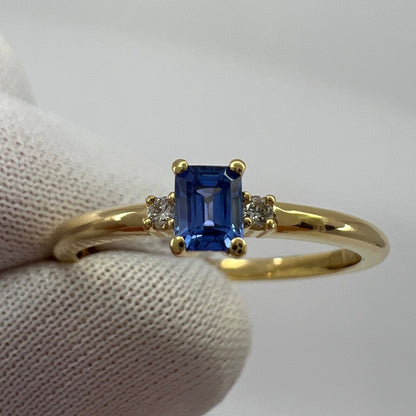 Delicate Ceylon Blue Emerald Cut Sapphire & Diamond Three Stone 18k Gold Ring