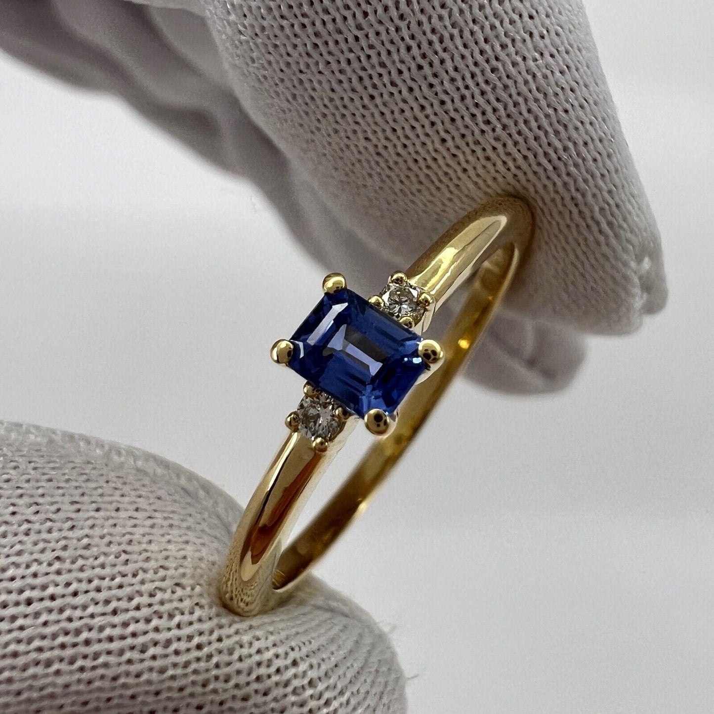 Delicate Ceylon Blue Emerald Cut Sapphire & Diamond Three Stone 18k Gold Ring