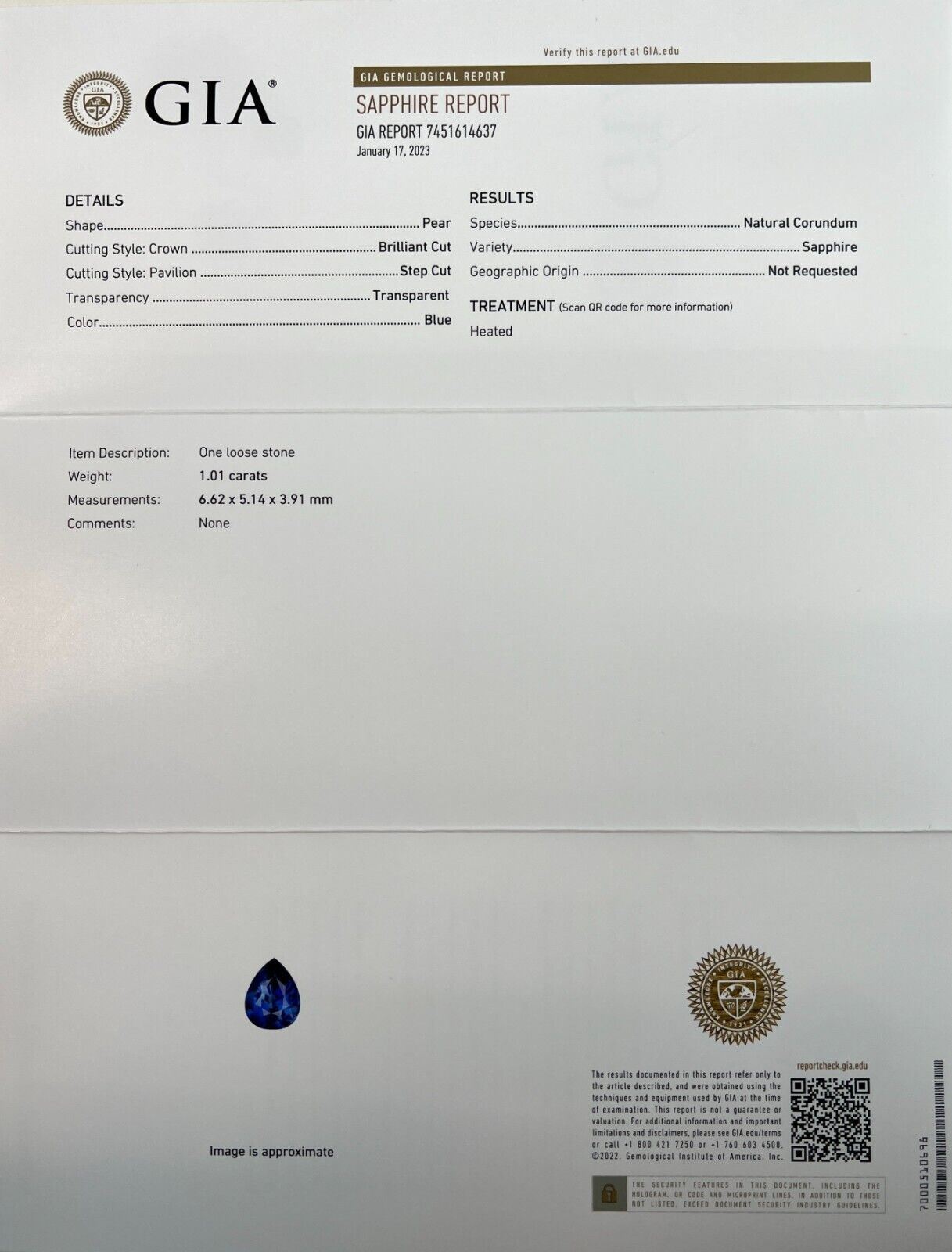 GIA CERTIFIED Natural FINE 1.01ct Vivid Blue Sapphire Pear Teardrop Cut Gem IF