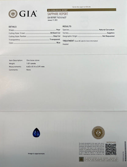 GIA CERTIFIED Natural FINE 1.01ct Vivid Blue Sapphire Pear Teardrop Cut Gem IF