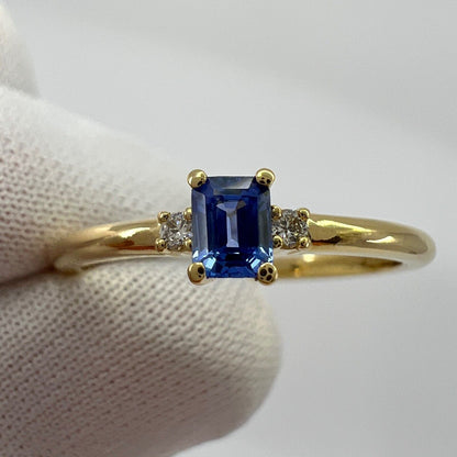 Delicate Ceylon Blue Emerald Cut Sapphire & Diamond Three Stone 18k Gold Ring