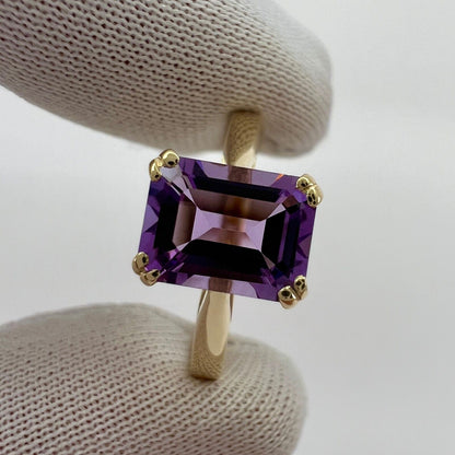 1.60ct Vivid Purple Amethyst Emerald Octagonal Cut 9k Yellow Gold Solitaire Ring