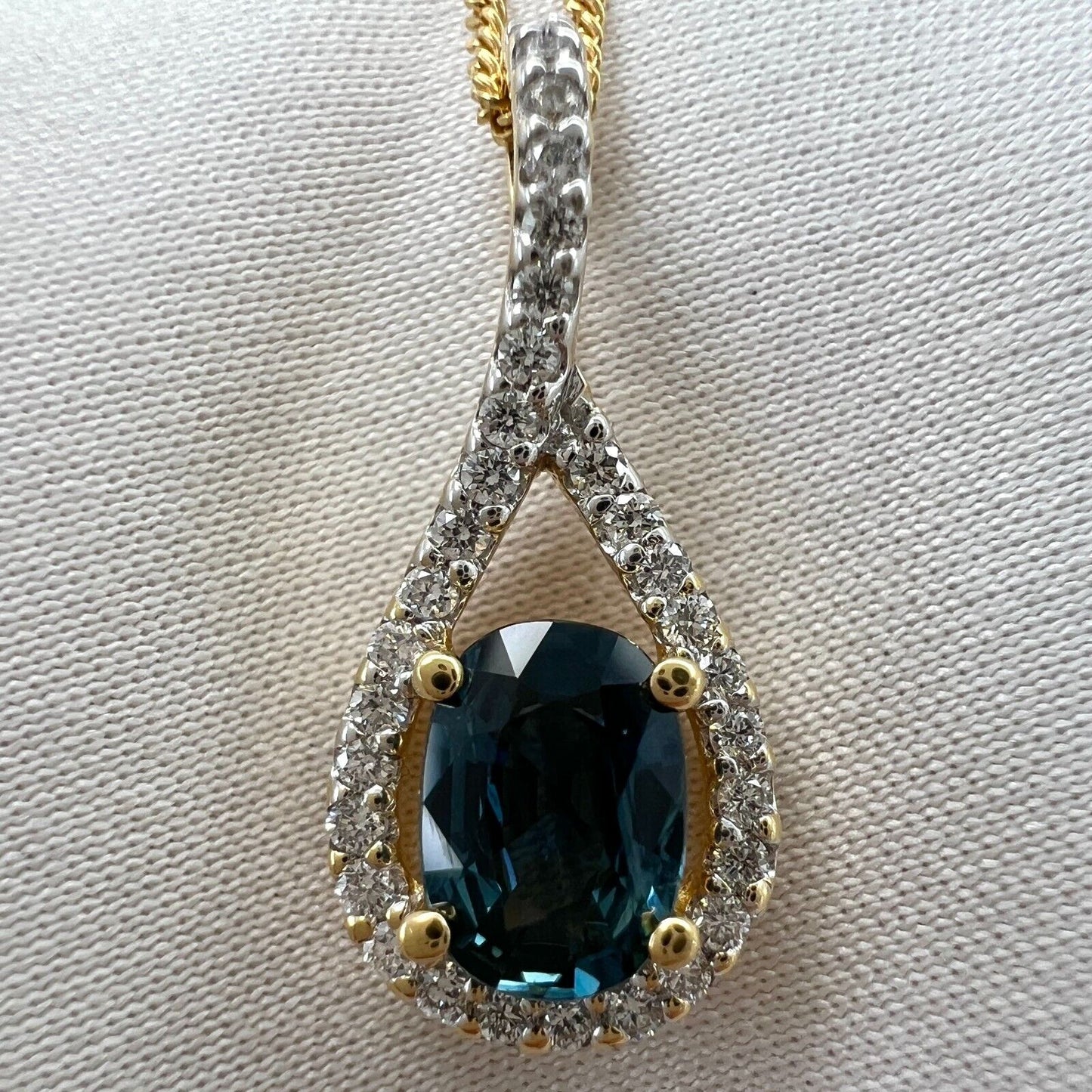 NATURAL 1.23ct Blue Sapphire & Diamond Crossover 18k Gold Oval Pendant Necklace