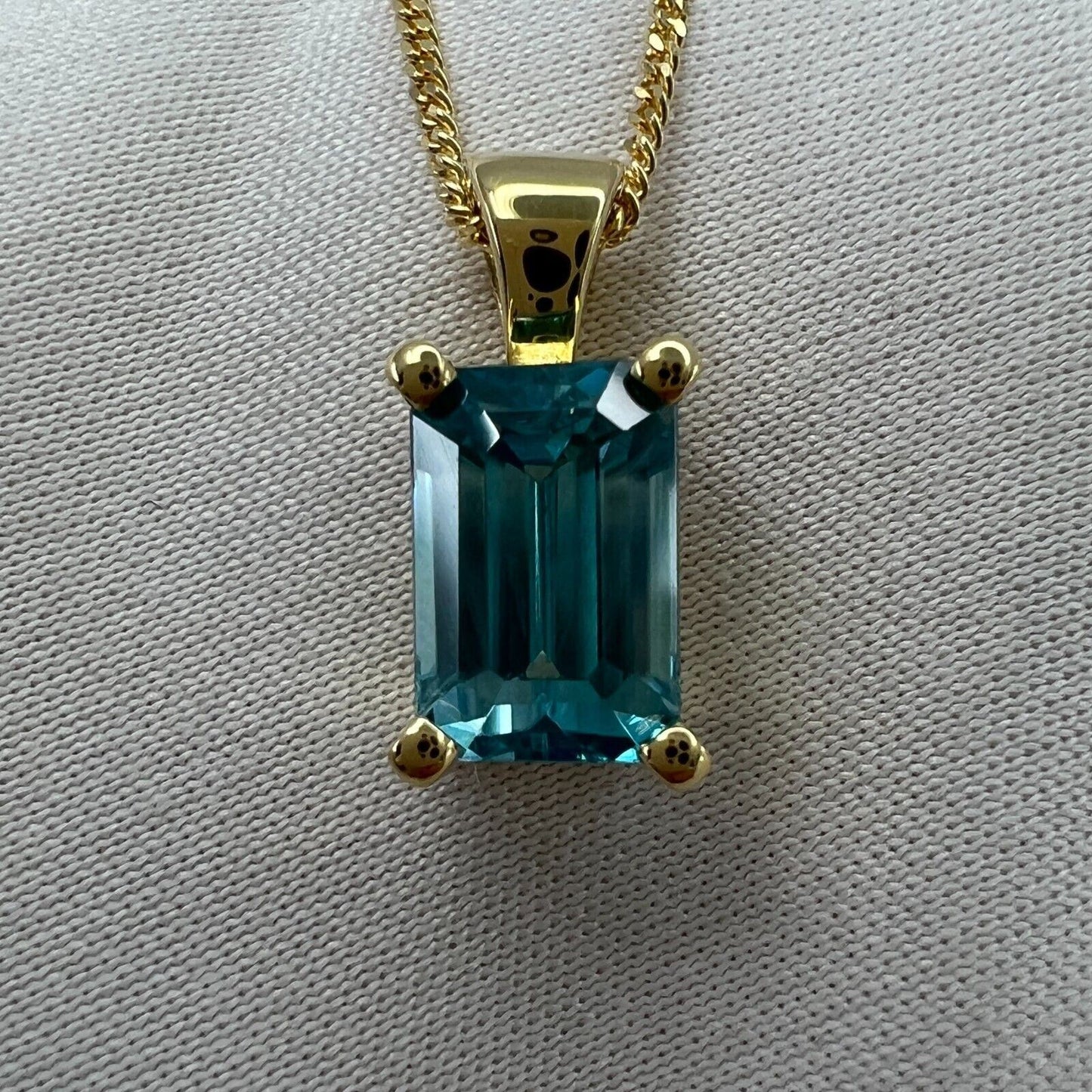 2.45 Carat Vivid Neon Blue Zircon Emerald Cut 18k Yellow Gold Pendant Necklace