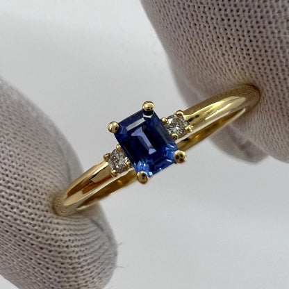 Delicate Ceylon Blue Emerald Cut Sapphire & Diamond Three Stone 18k Gold Ring