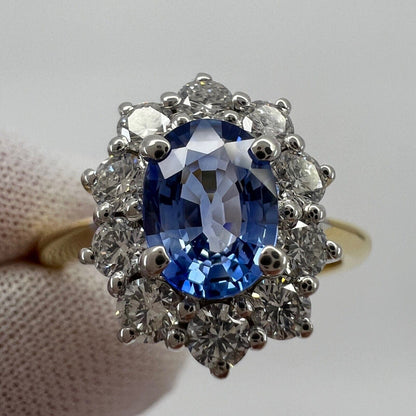 1.62ct Fine Vivid Blue Ceylon Sapphire & Diamond Cluster Cocktail 18k Gold Ring