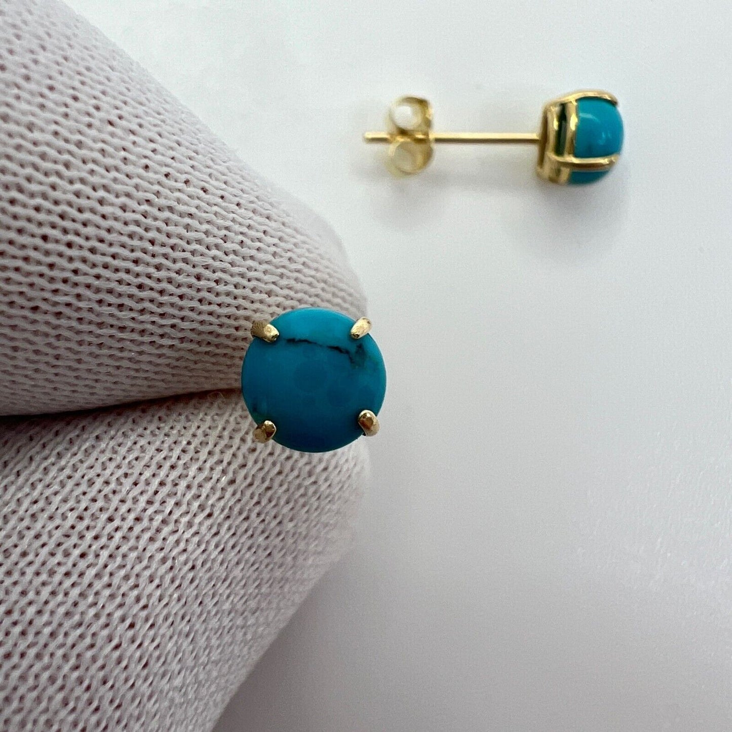 NATURAL Blue Turquoise 5mm Round Cabochon 9k Yellow Gold Stud Earrings 5mm