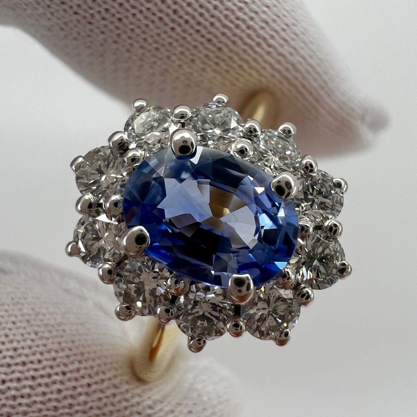 1.62ct Fine Vivid Blue Ceylon Sapphire & Diamond Cluster Cocktail 18k Gold Ring