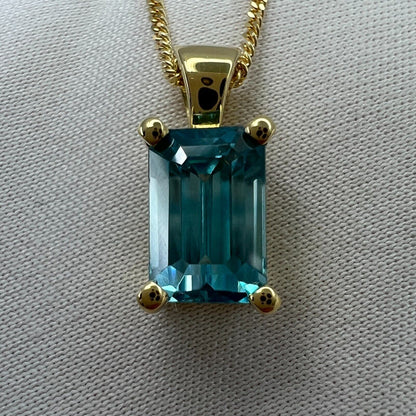 2.45 Carat Vivid Neon Blue Zircon Emerald Cut 18k Yellow Gold Pendant Necklace