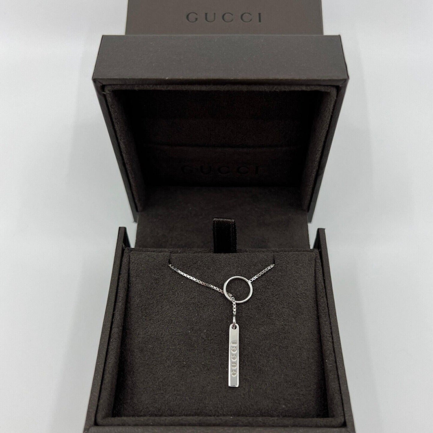 Gucci 18 Karat White Gold Bar Lariat Pendant Necklace with Original Gucci Box