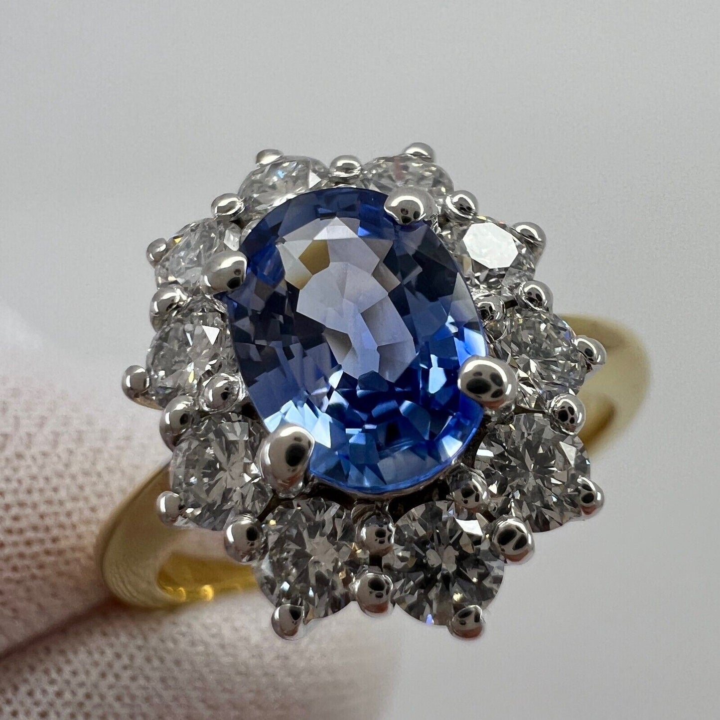 1.62ct Fine Vivid Blue Ceylon Sapphire & Diamond Cluster Cocktail 18k Gold Ring