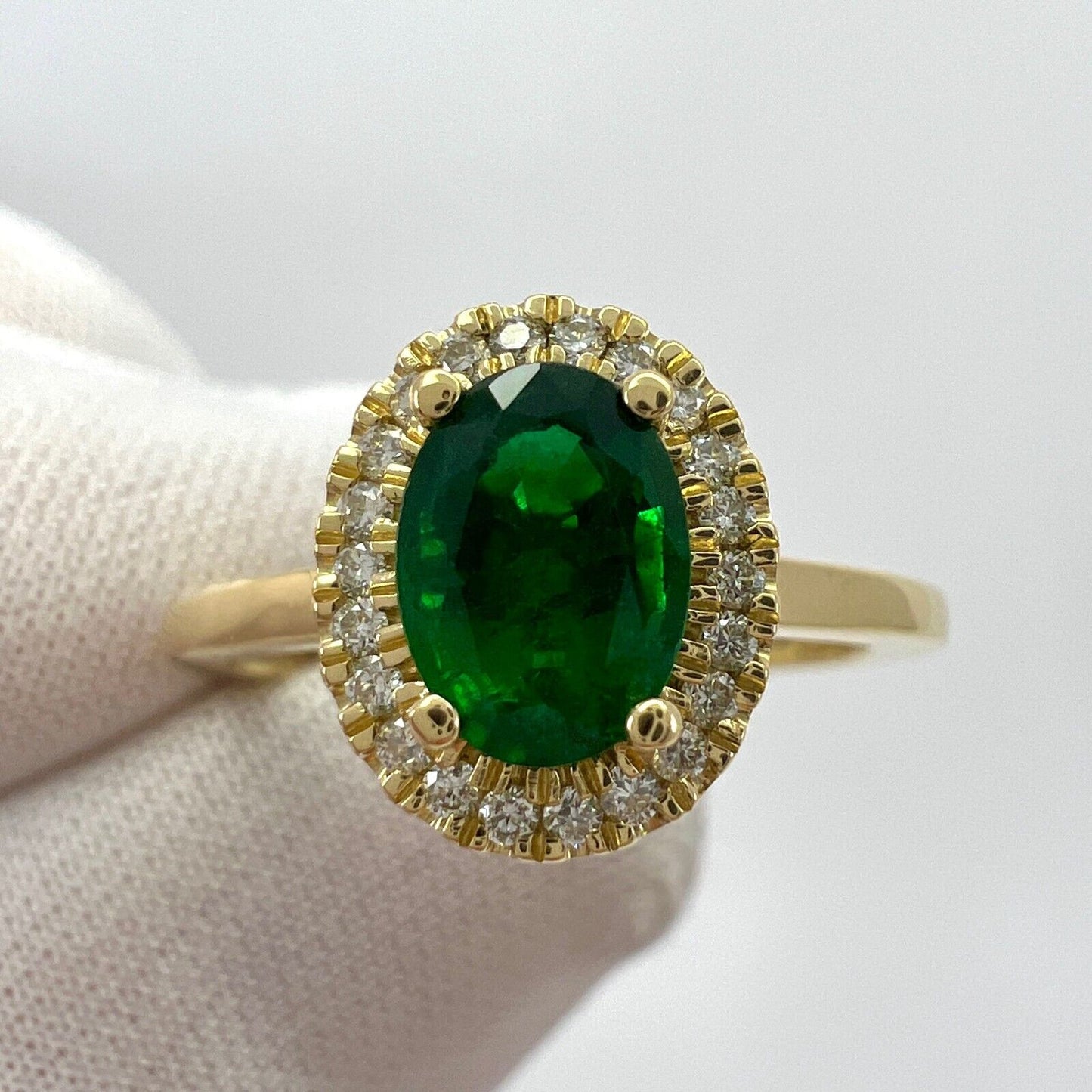 GIA Certified Deep Green Emerald And Diamond 18k Yellow Gold Cluster Halo Ring