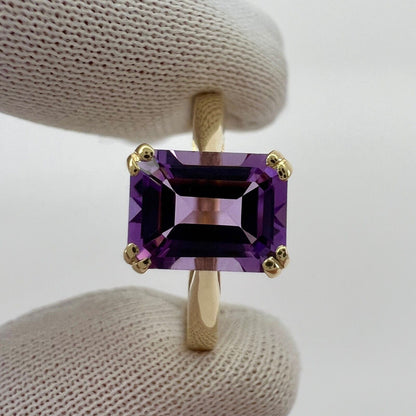 1.60ct Vivid Purple Amethyst Emerald Octagonal Cut 9k Yellow Gold Solitaire Ring