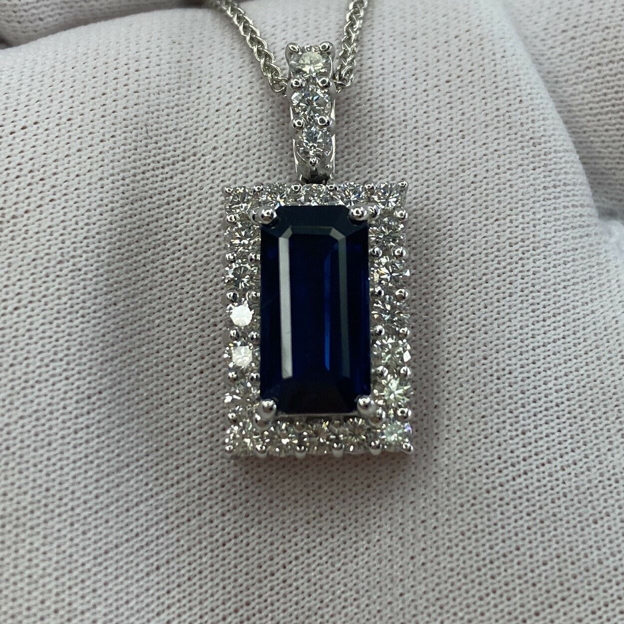 FINE 4.65ct Royal Blue Emerald Cut Sapphire & Diamond Rectangle Platinum Pendant