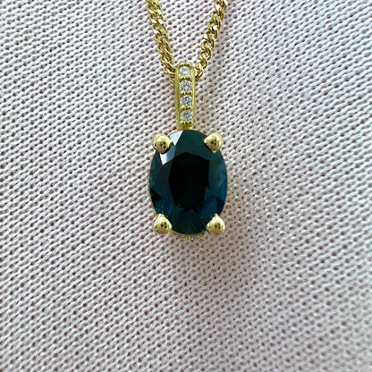 1 Carat Deep Blue Sapphire Diamond 18k Yellow Gold Hidden Halo Pendant Necklace