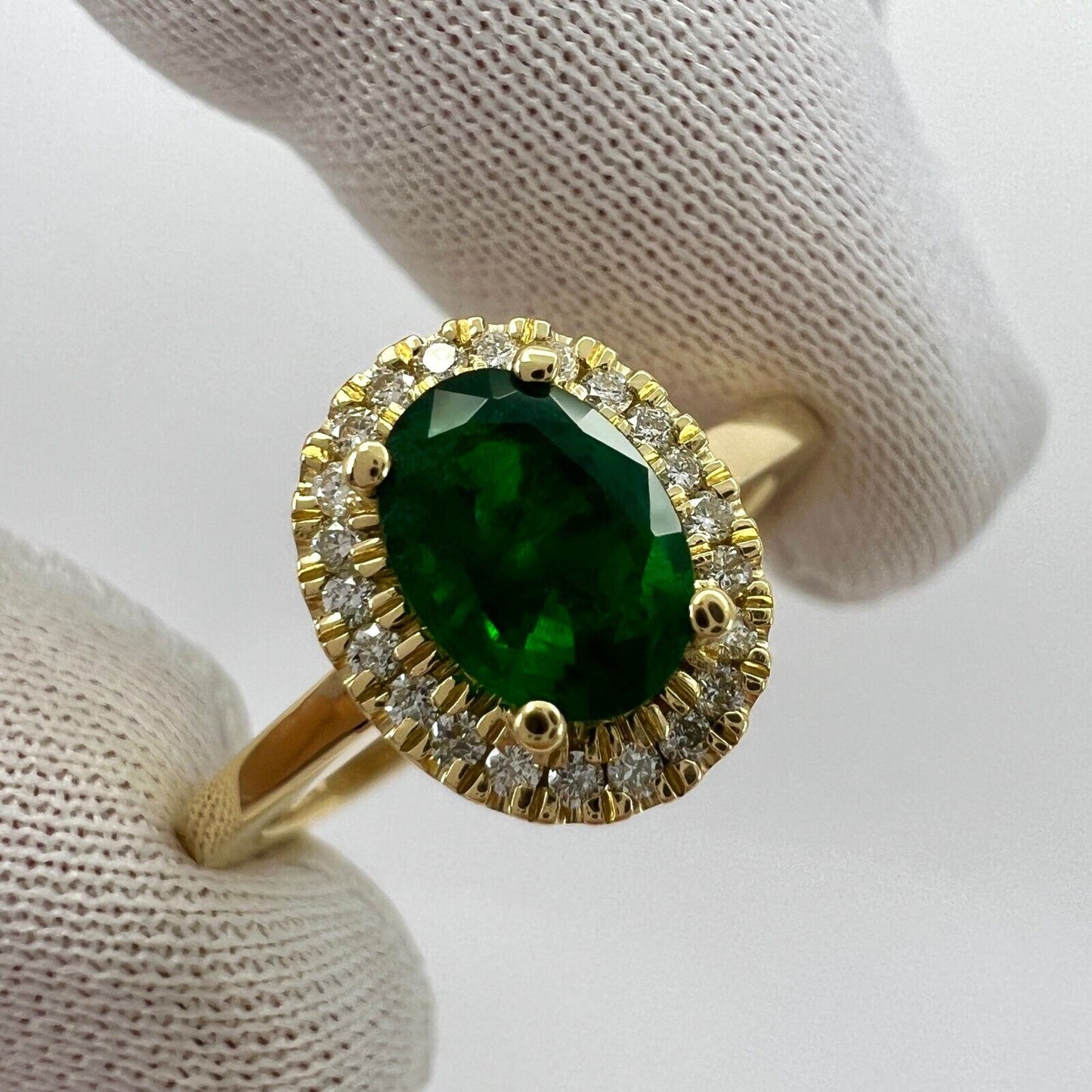 GIA Certified Deep Green Emerald And Diamond 18k Yellow Gold Cluster Halo Ring