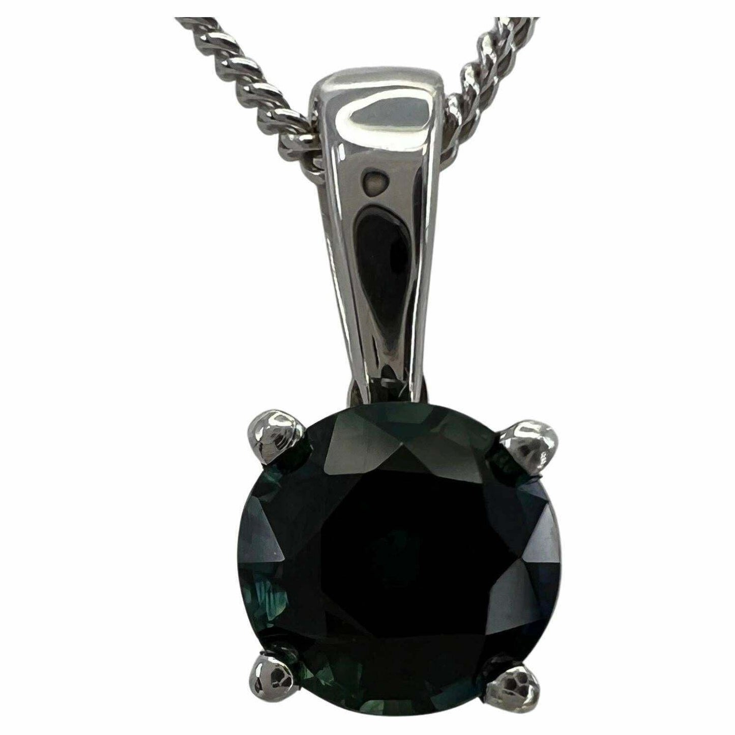 Deep Green Blue Sapphire Australian 5mm Round 18k White Gold Solitaire Pendant