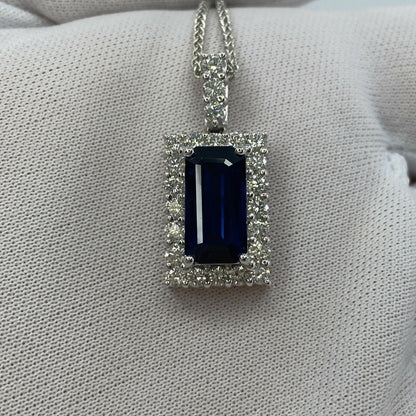 FINE 4.65ct Royal Blue Emerald Cut Sapphire & Diamond Rectangle Platinum Pendant