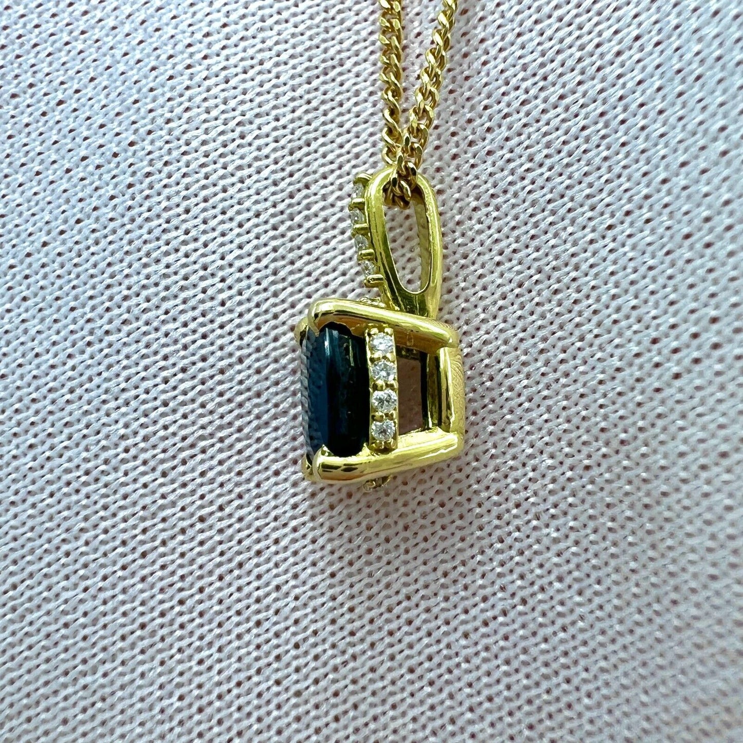 1 Carat Deep Blue Sapphire Diamond 18k Yellow Gold Hidden Halo Pendant Necklace