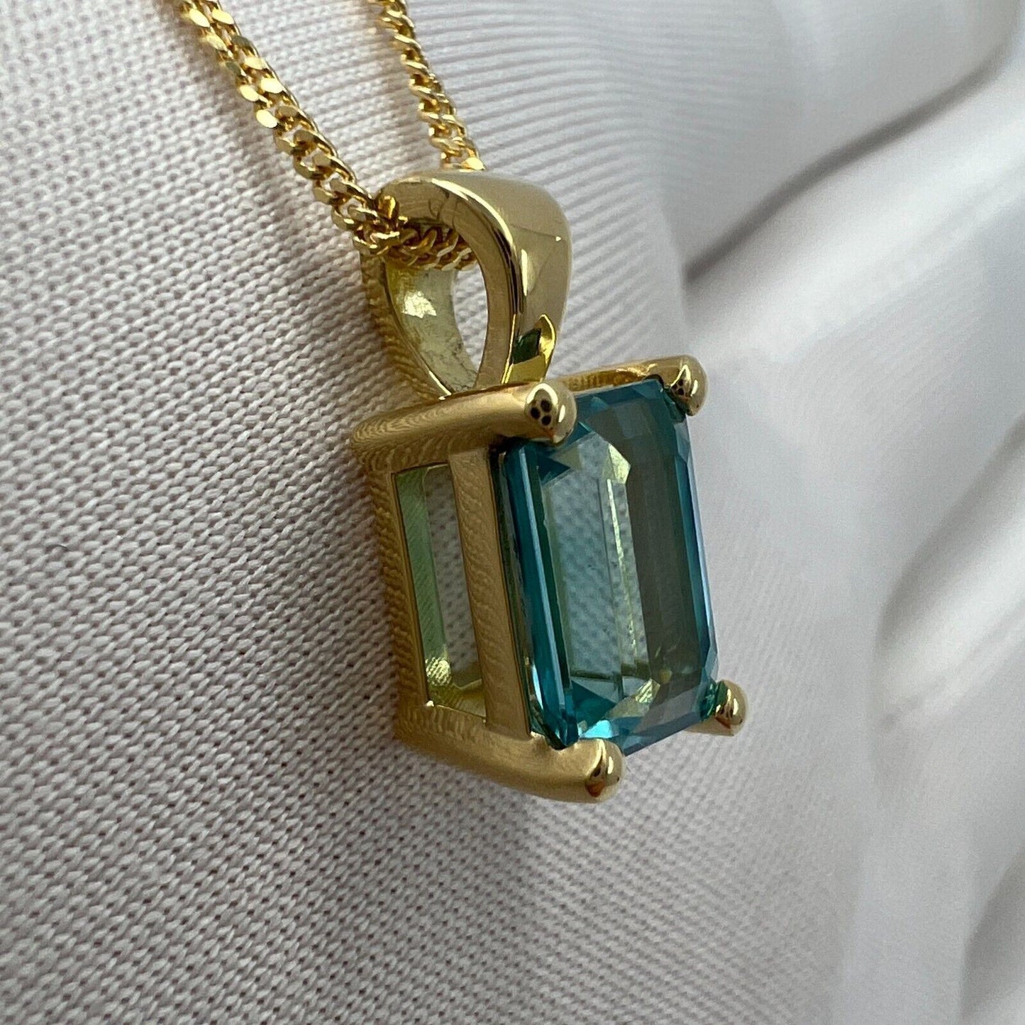 2.45 Carat Vivid Neon Blue Zircon Emerald Cut 18k Yellow Gold Pendant Necklace