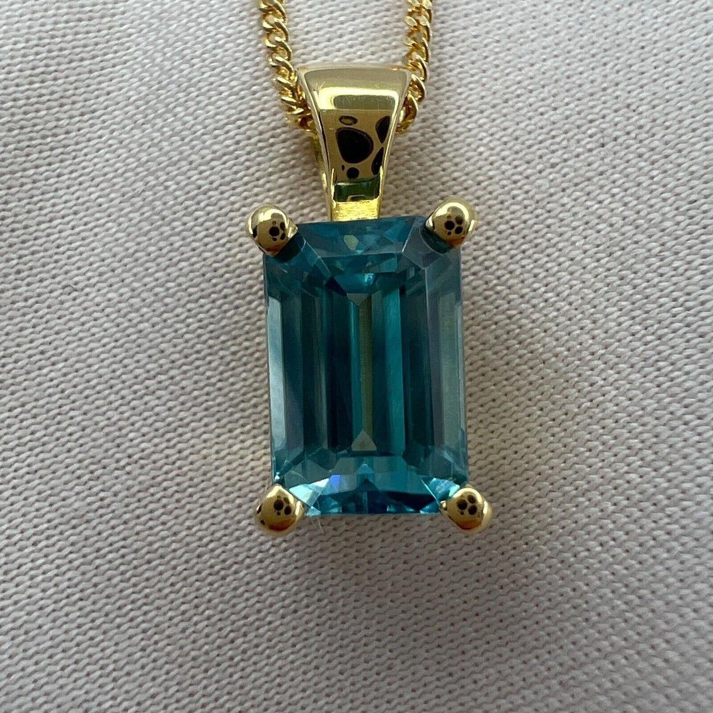 2.45 Carat Vivid Neon Blue Zircon Emerald Cut 18k Yellow Gold Pendant Necklace