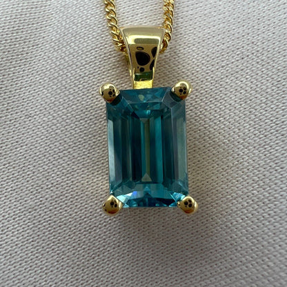 2.45 Carat Vivid Neon Blue Zircon Emerald Cut 18k Yellow Gold Pendant Necklace