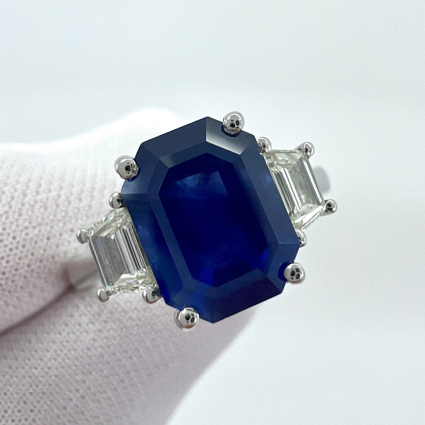 4 Carat Emerald Cut Ceylon Blue Sapphire & Diamond Platinum Three Stone Ring