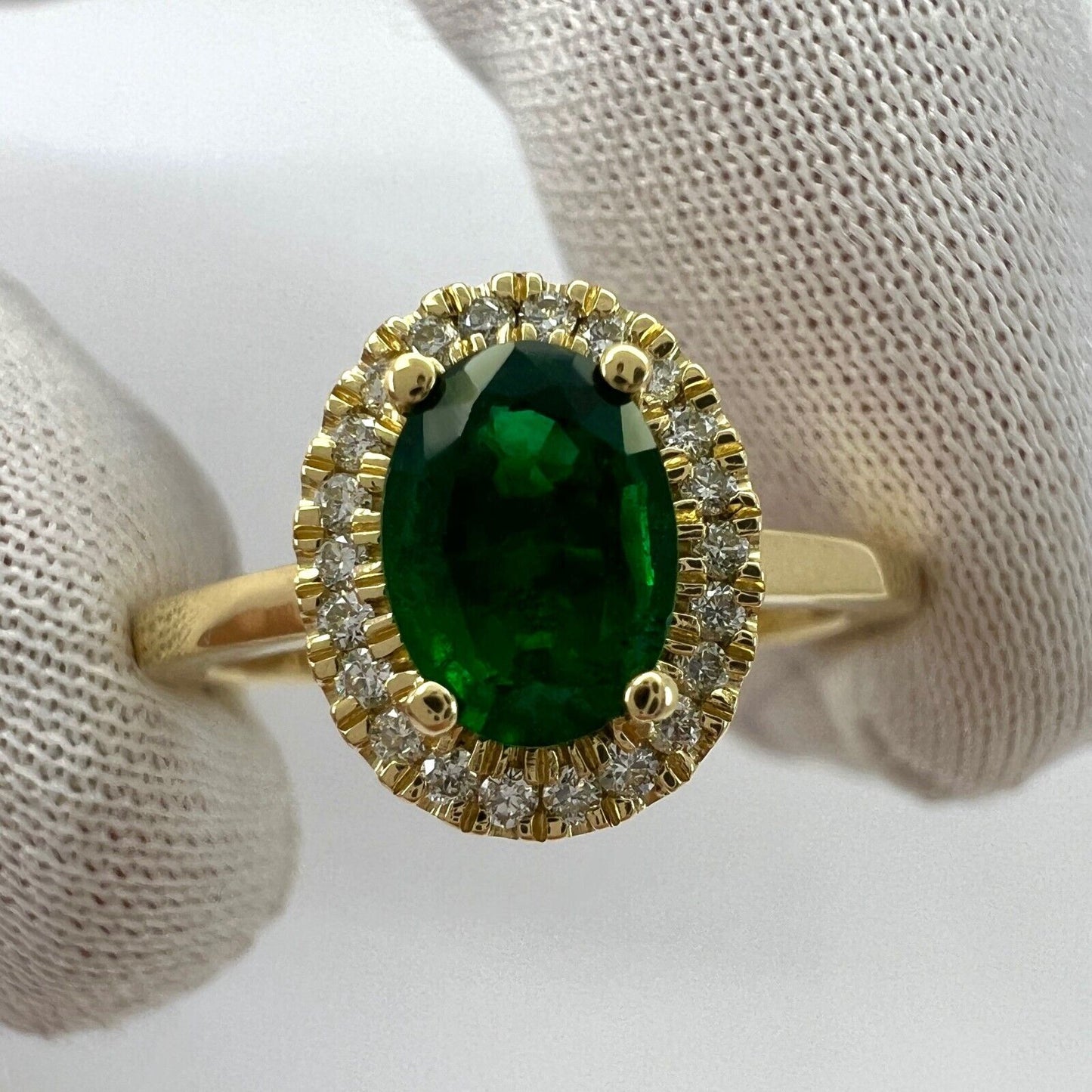 GIA Certified Deep Green Emerald And Diamond 18k Yellow Gold Cluster Halo Ring