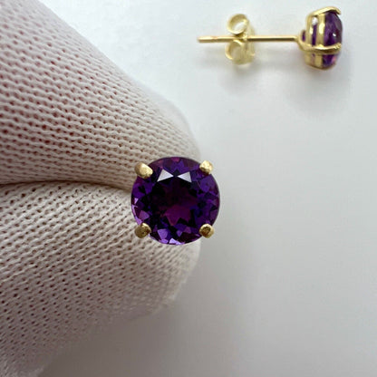 Natural Vivid Purple Amethyst 9k Yellow Gold 5mm Round Cut Stud Earrings 5mm