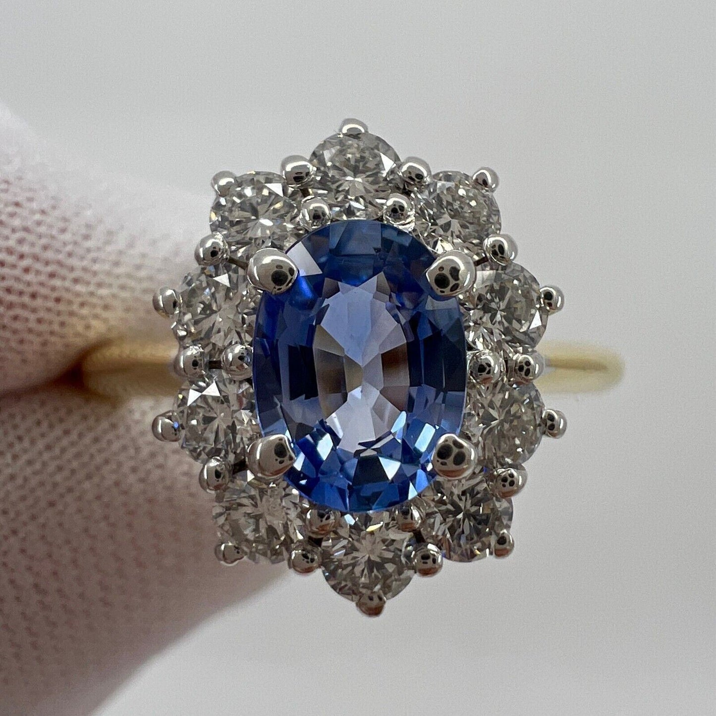 1.62ct Fine Vivid Blue Ceylon Sapphire & Diamond Cluster Cocktail 18k Gold Ring