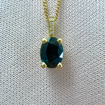 1 Carat Deep Blue Sapphire Diamond 18k Yellow Gold Hidden Halo Pendant Necklace