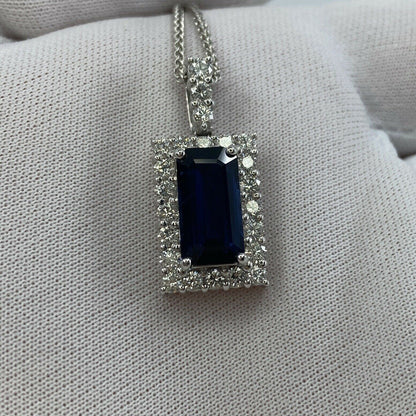 FINE 4.65ct Royal Blue Emerald Cut Sapphire & Diamond Rectangle Platinum Pendant