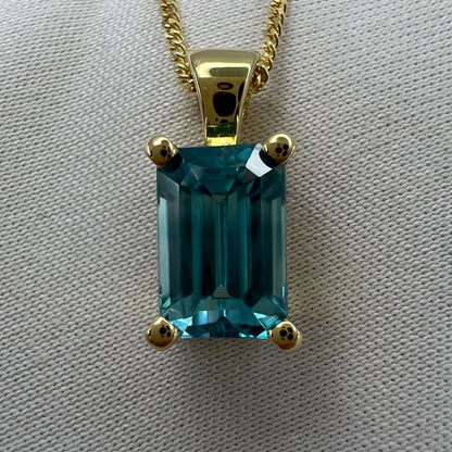 2.45 Carat Vivid Neon Blue Zircon Emerald Cut 18k Yellow Gold Pendant Necklace