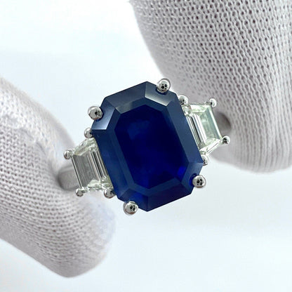 4 Carat Emerald Cut Ceylon Blue Sapphire & Diamond Platinum Three Stone Ring