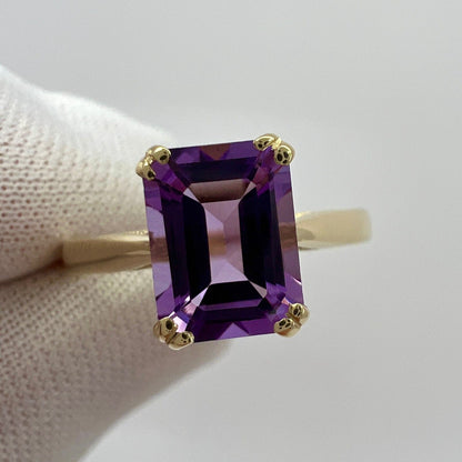 1.60ct Vivid Purple Amethyst Emerald Octagonal Cut 9k Yellow Gold Solitaire Ring