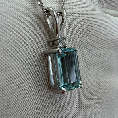 1.60ct Fine Blue Emerald Cut Aquamarine & Diamond 950 Platinum Pendant Necklace