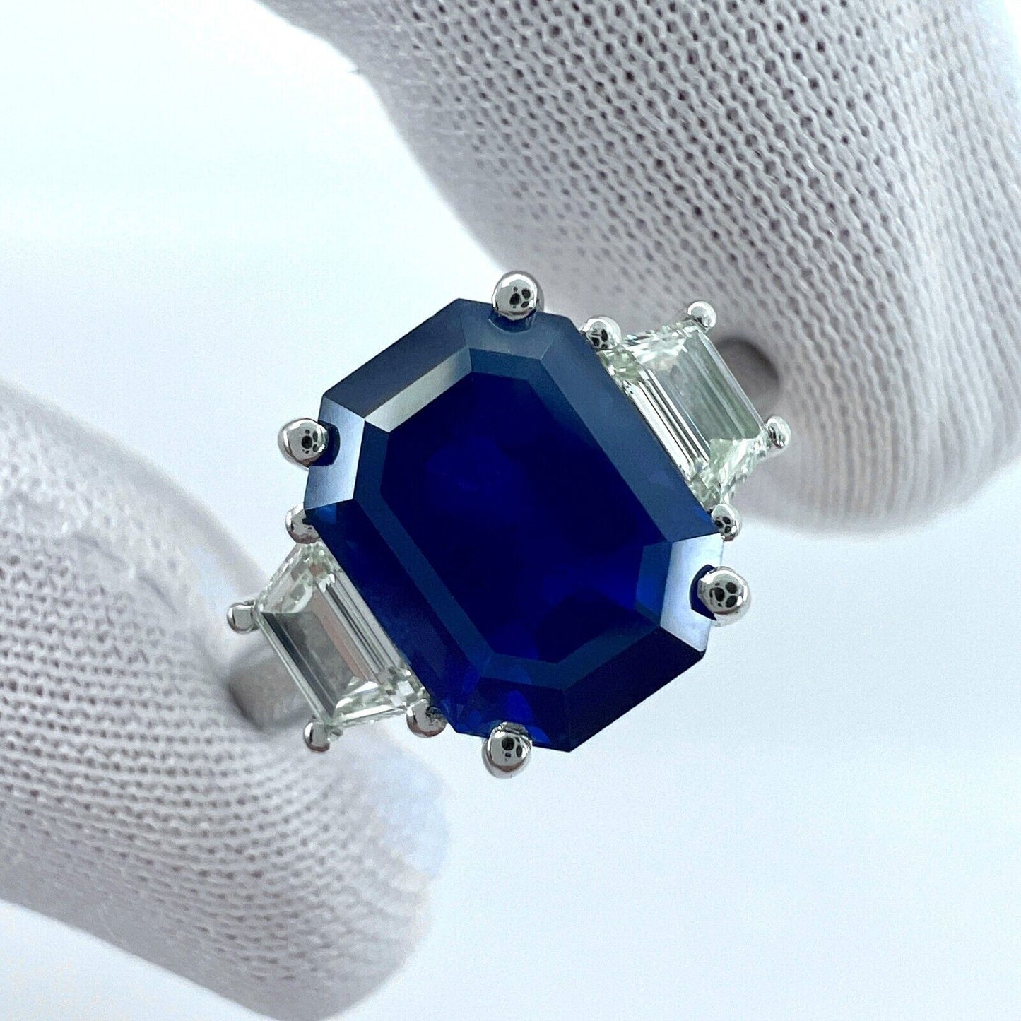 4 Carat Emerald Cut Ceylon Blue Sapphire & Diamond Platinum Three Stone Ring