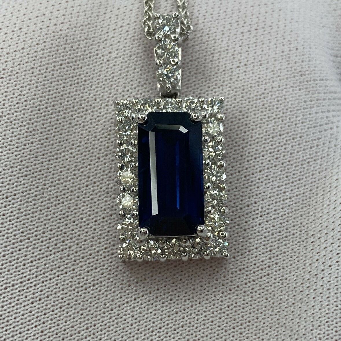 FINE 4.65ct Royal Blue Emerald Cut Sapphire & Diamond Rectangle Platinum Pendant