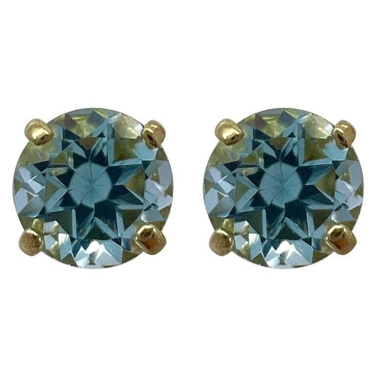 Natural 1.15ct Vivid Sky Blue Topaz Round Cut Yellow Gold 9k 5mm Stud Earrings