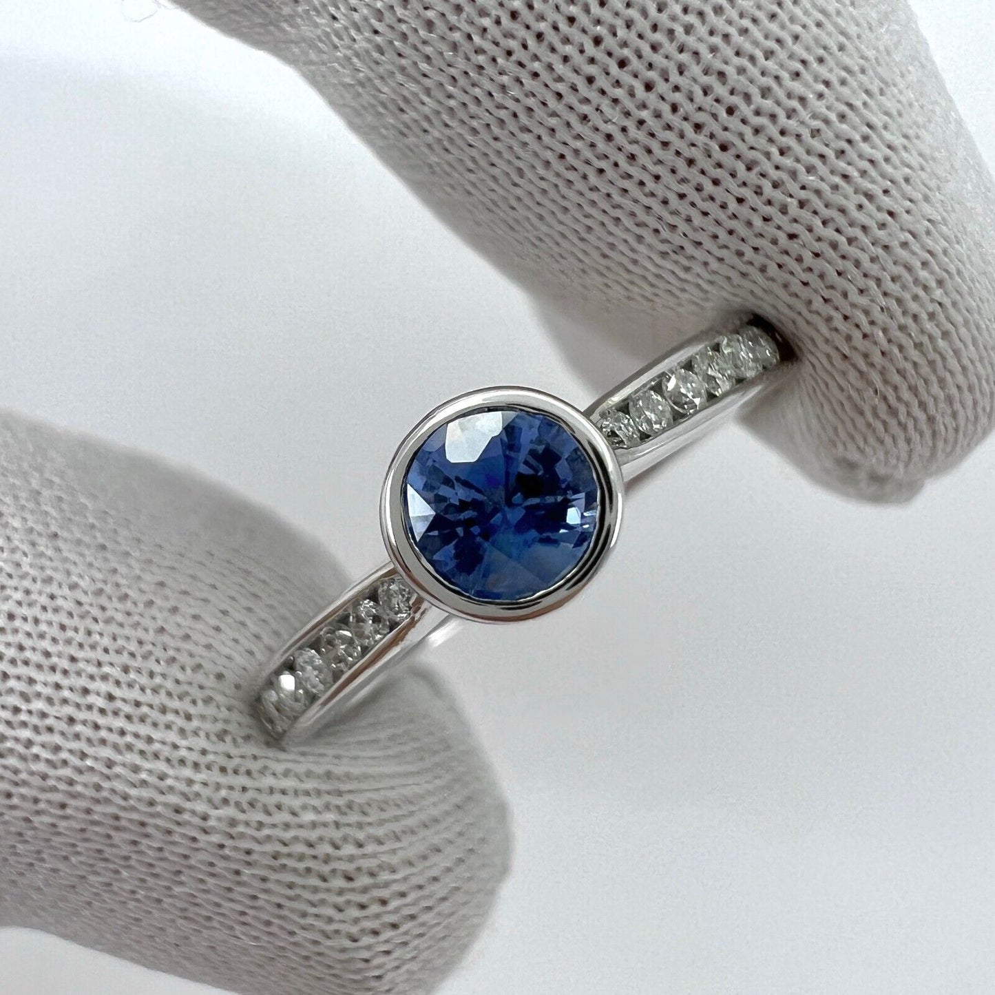 Fine Vivid Blue Round Cut Ceylon Sapphire Diamond White Gold Bezel Rubover Ring