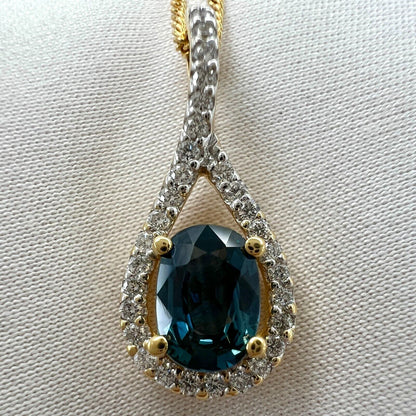 NATURAL 1.23ct Blue Sapphire & Diamond Crossover 18k Gold Oval Pendant Necklace