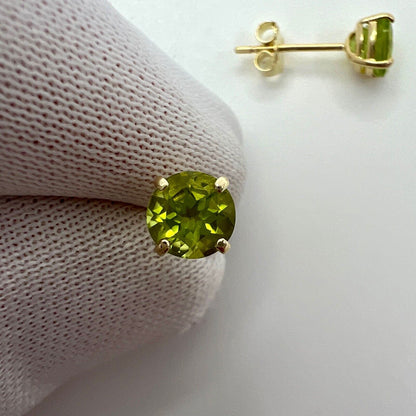 Natural Vivid Green Peridot 1.00ct Yellow Gold 9k Round Cut 5mm Stud Earrings