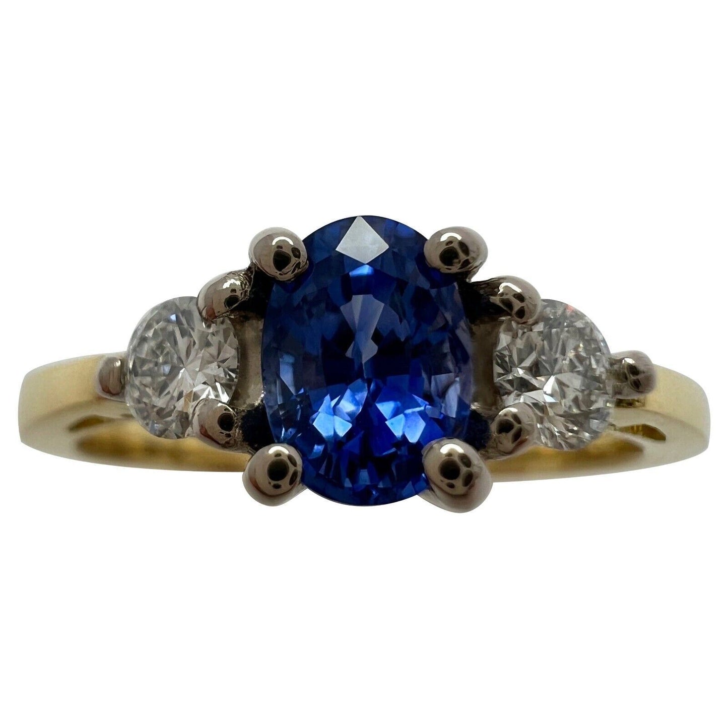 Fine Cornflower Blue Oval Ceylon Sapphire & Diamond Three Stone 18k Gold Ring